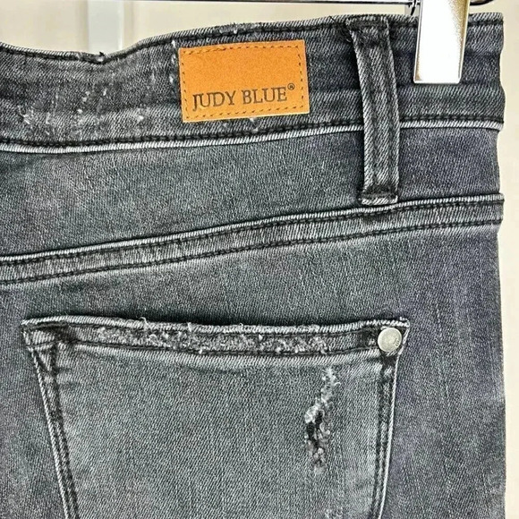 Judy Blue Skinny Fit 5|27 Black Denim Distressed Jeans with Plaid Patch - Picture 7 of 16